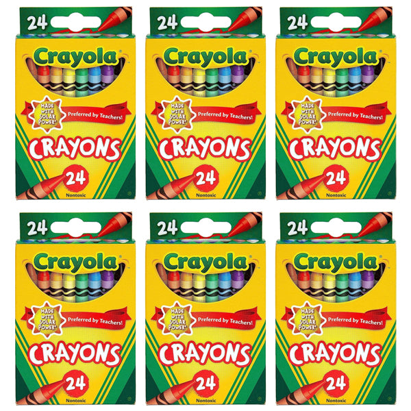 Six boxes of Crayola 24 Count Assorted Color Crayons are arranged in two rows of three. Each classic yellow and green box features a red Crayons banner, perfect for school art projects or coloring books. Brand: Crayola.